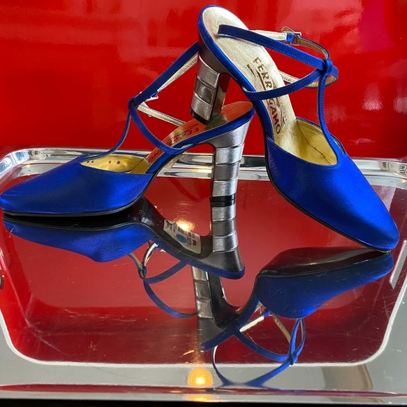 Salvatore Ferragamo Shoes - VTG Salvatore Ferragamo Electric Blue Metallic Ankle T-Strap Silver Heels 5B NWT